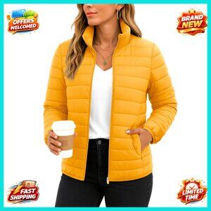 Quilted Puffer Jacket Lightweight Packable Winter Coat Stand Collar Chic